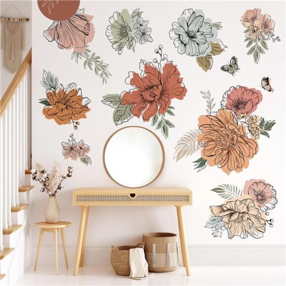Boho Flower Wall Decals Vintage Floral Sun Butterfly Stickers Bedroom Living Roo - Picture 2 of 7